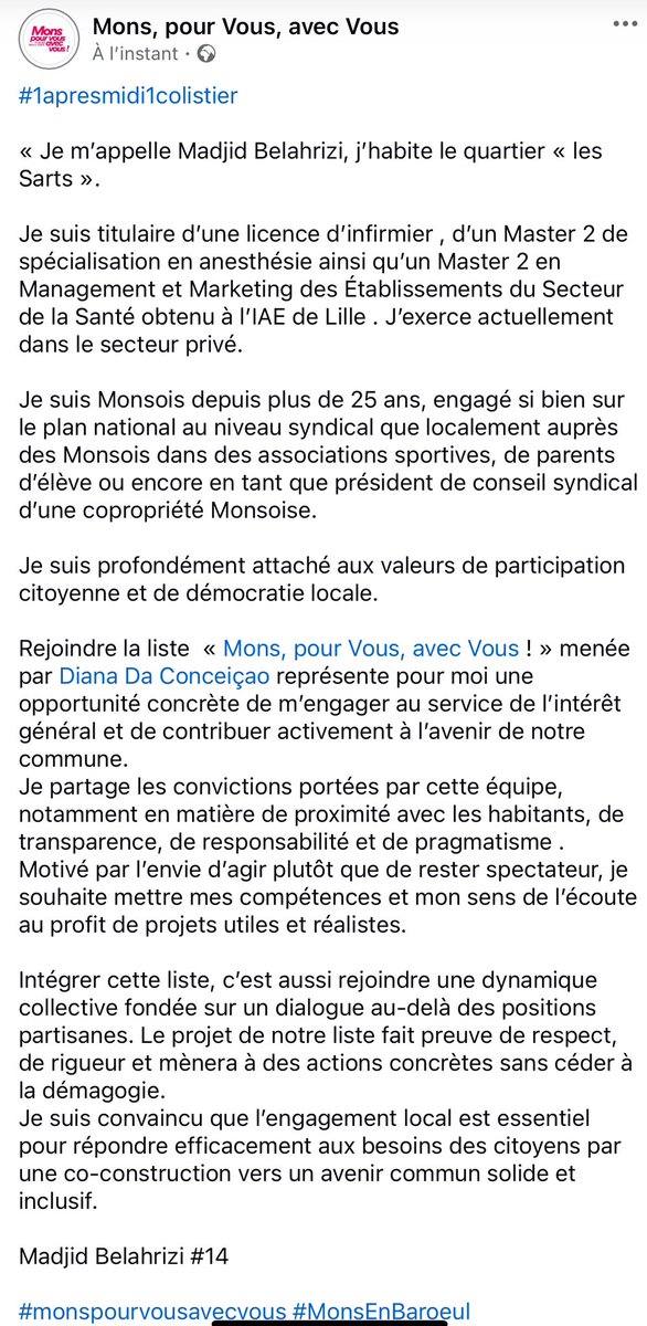 Monspourvous's tweet photo. #1apresmidi1colistier - Madjid Belahrizi #14 - #monspourvousavecvous #MonsEnBaroeul #Municipales2026 https://t.co/aKHq7m6zvr