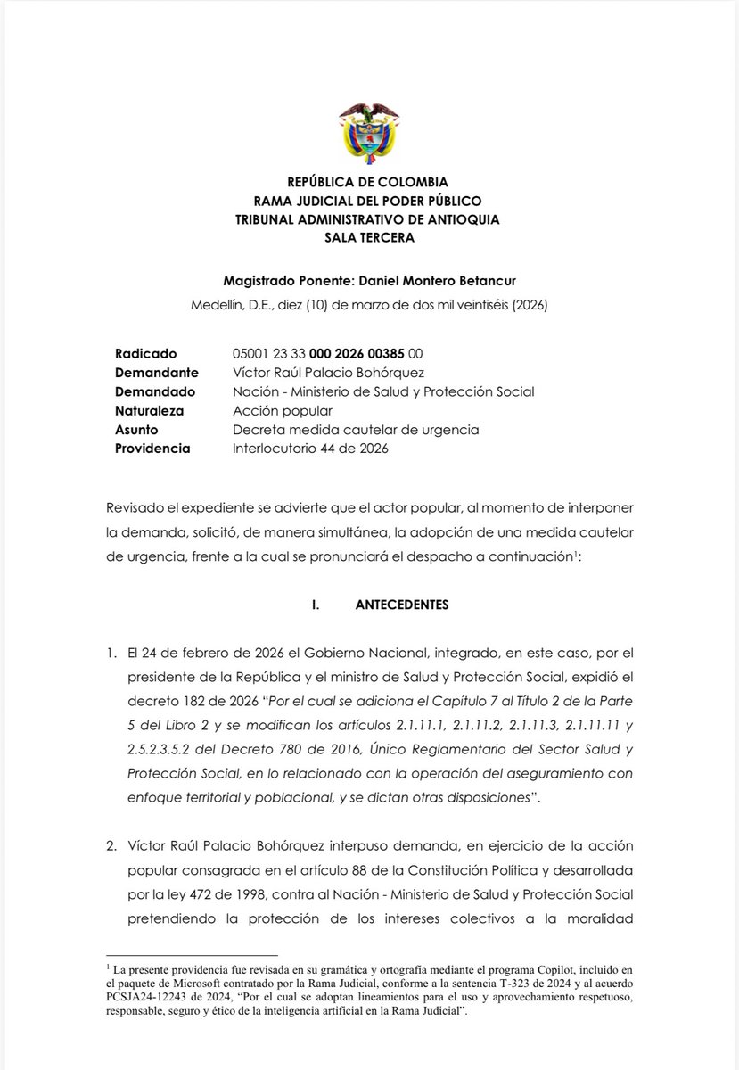 ricarospina's tweet photo. Atención: El Tribunal Administrativo de Antioquia dictó medidas cautelares y ordenó la suspensión provisional del traslado de más de 6 millones de pacientes a la Nueva EPS y a otras prestadoras. Vía @BluRadioCo https://t.co/YUrKZpeLU3