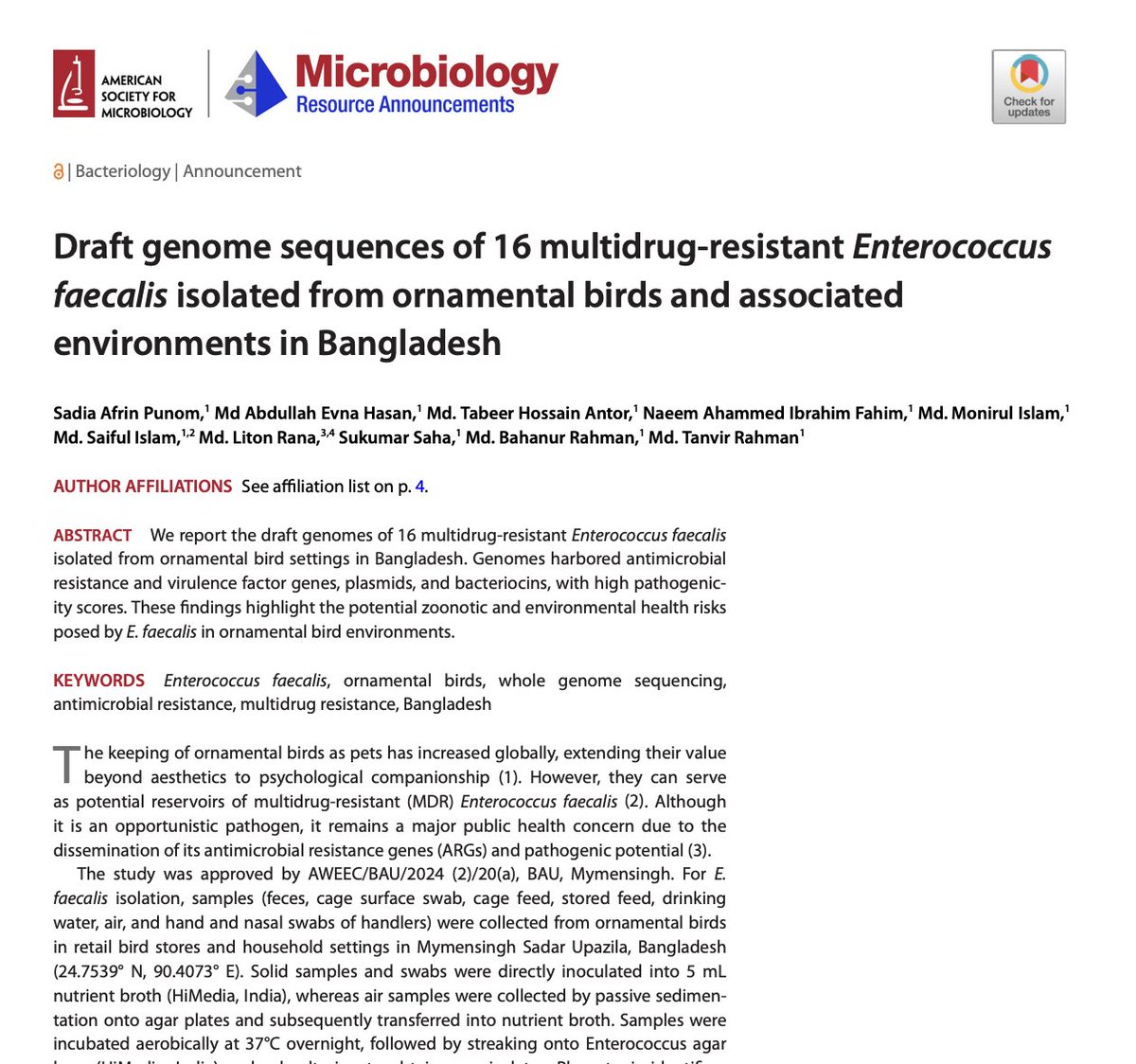 tanvirahman's tweet photo. A report on sixteen (16) Whole genome :
****************************************
#mtrlabbau #amr #enterococci 
This  announcement briefly describe data of sixteen (16) whole genome of MDR E. faecalis isolatesd from ornamental birds and associated environments. Very well done. https://t.co/yM10IRHybC