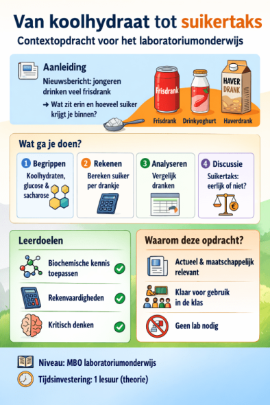 Van koolhydraat tot suikertaks
Een actuele opdracht bij hoofdstuk 5 van Biologie voor analisten die biochemische kennis verbindt met de wereld buiten het laboratorium: de suikertaks.
Deze opdracht combineert begripsvorming, rekenvaardigheden en kritisch denken.