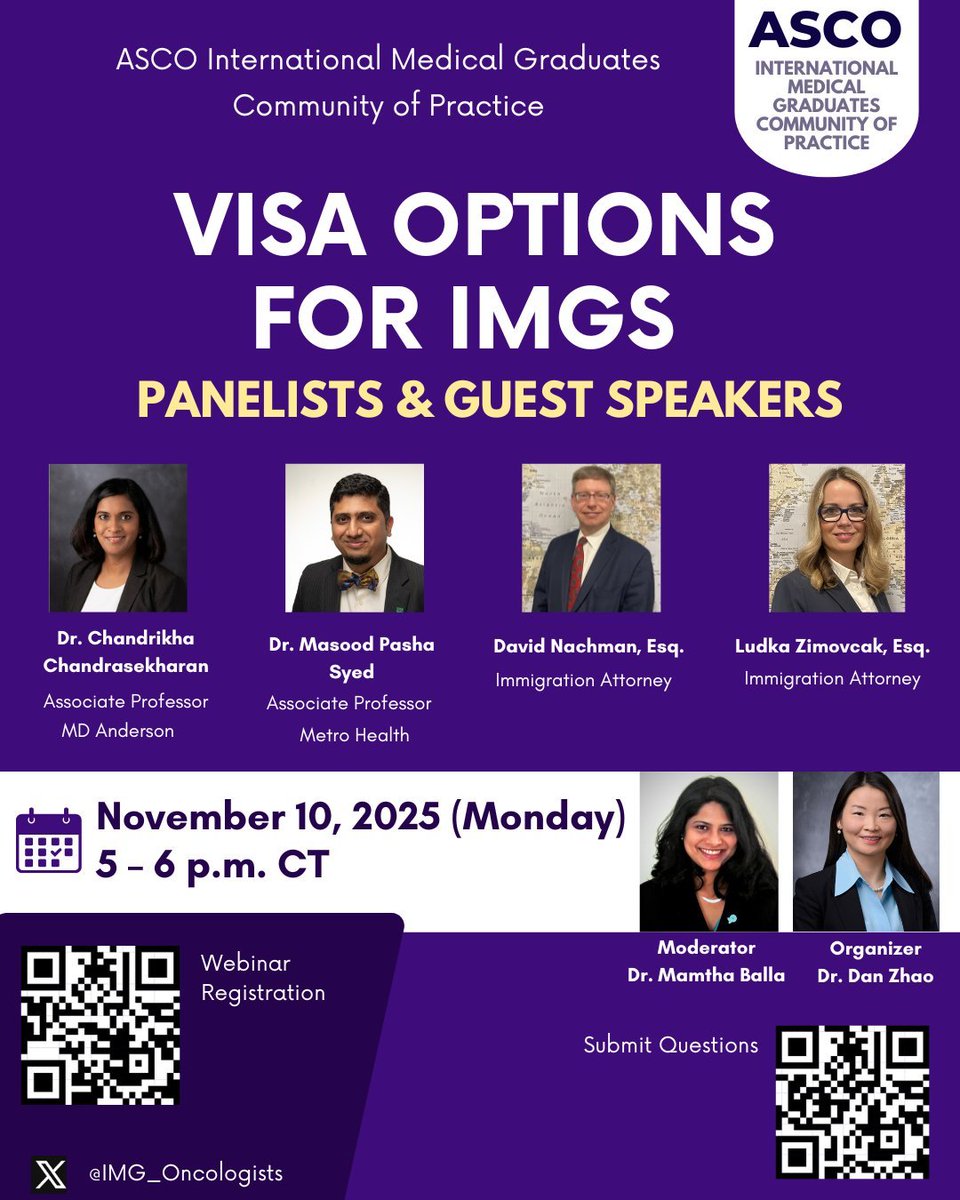 IMG_Oncologists's tweet image. 🌟Watch our @ASCO #IMG CoP Webinar on Visa Options for #IMGs!

We cover: 
• Visa types, eligibility &amp;amp; timelines 
• Waiver options 
• Permanent residence pathways 
• Change-of-status info

Watch here: tinyurl.com/y7fyd3dz

#MedX #MedEd @ASCOTECAG @HemOncFellows @OncoAlert