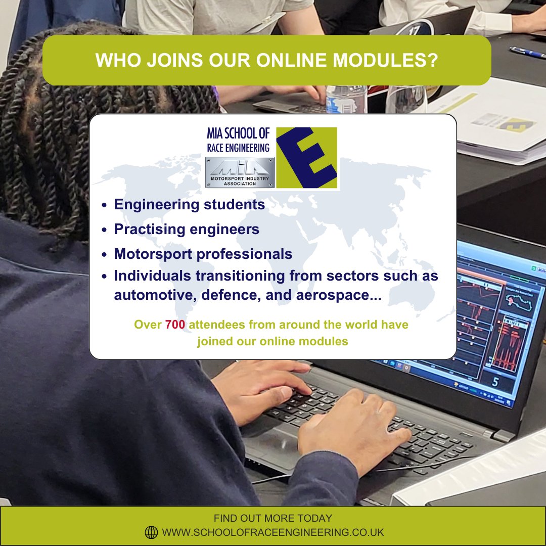 Since 2020, over 700 attendees from around the world have chosen our online modules to deepen their motorsport knowledge.
From university students to experienced engineers updating their skills, and professionals shifting from automotive, defence, or aerospace into motorsport.
