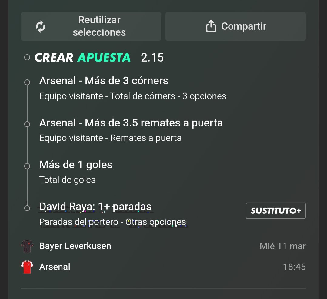 Vayapicks's tweet photo. "Plan de miércoles: @ChampionsLeague y este Bet Builder para el @bayer04fussball 🆚 @Arsenal 🏆
📊 Cuota 2.15
✅ @Arsenal ofensivo (Remates + Córners)
✅ Acción en las áreas (Goles + Parada de Raya)
¿Quién me sigue con esta? ¡A por el verde! 🚀💰"
#BayerArsenal https://t.co/qhDKLoTNrN