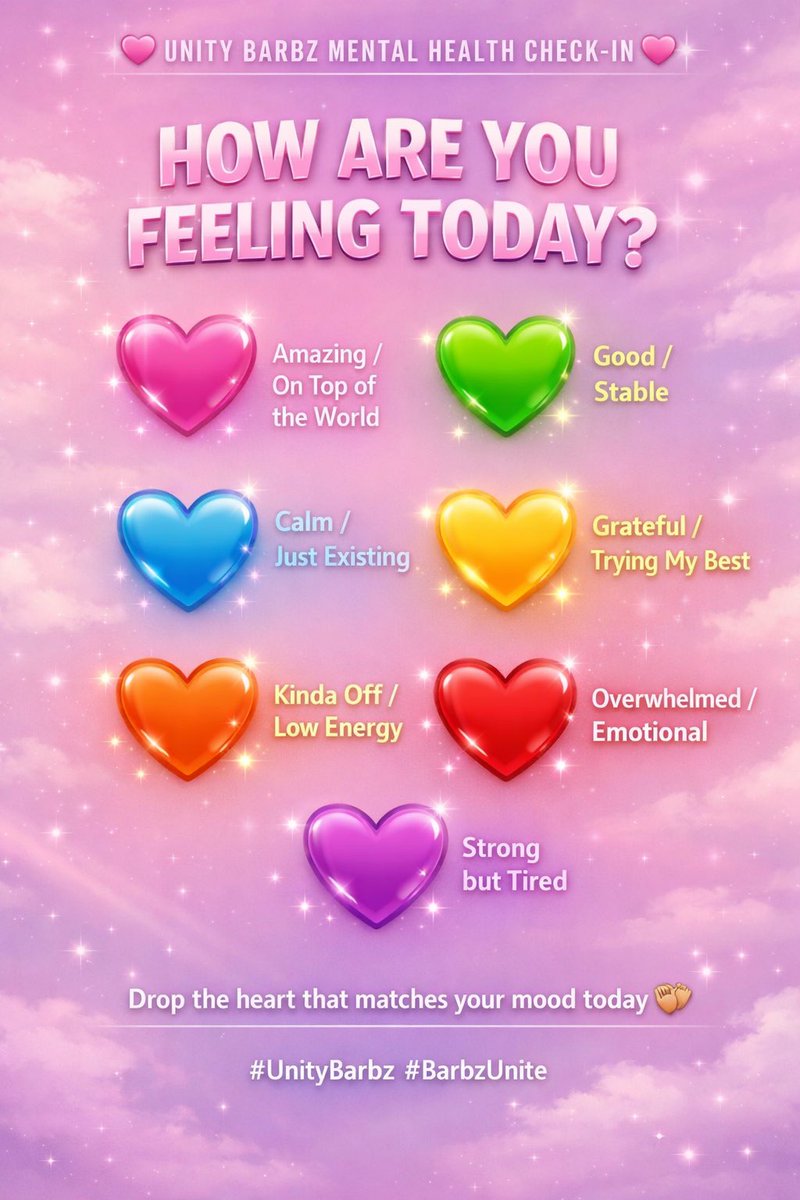 UnityBarbz's tweet photo. 💗 Unity Barbz Check-In 💗

Today’s check-in isn’t about explaining yourself. It’s about recognizing where you are so you can move through the day intentionally.

No pressure. No fixing. Just awareness.

Drop the heart that matches your energy 💗

#UnityBarbz 
#BarbzUnite https://t.co/0AMWvYndvJ