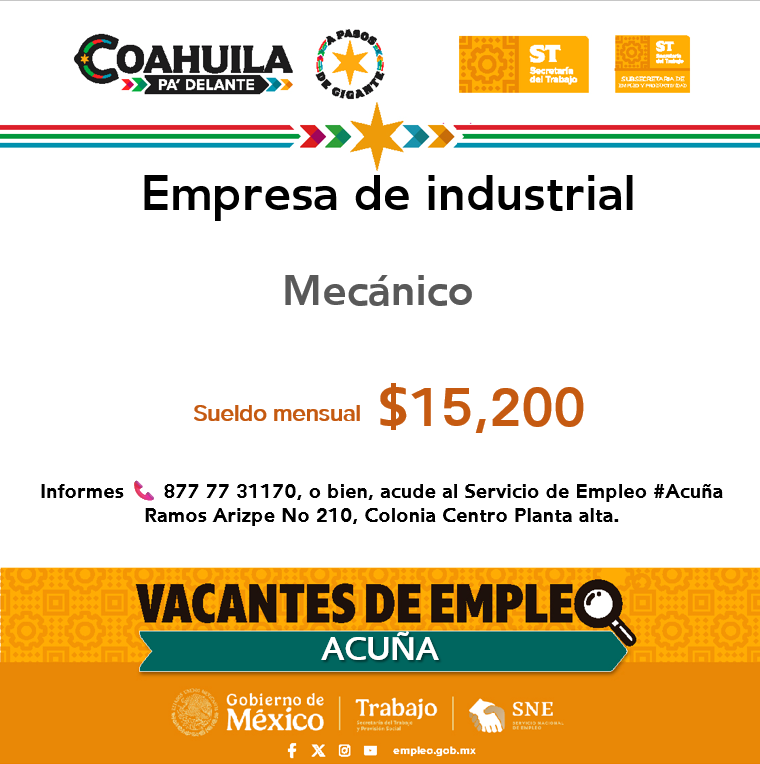 SNEACUNA's tweet photo. 📢 ¡Vacante de empleo en  #Acuña!    
 
📍 Servicio de Empleo #Acuña
📌Dirección: Ramos Arizpe N° 210, esquina con calle Lerdo, planta alta, Col Centro
📞Informes: 877 77 3 11 70

Contáctanos hoy mismo.  
#CoahuilaPaDelante #APasosDeGigante #SNEparaTodo https://t.co/BgCxfOWpeR