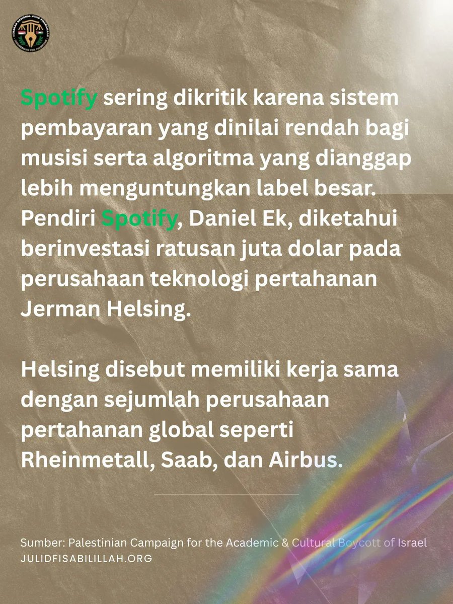 Reminder untuk boikot berlangganan Spotify ya gaes, Spotify terlibat dalam genosida di Palestina sehingga menjadi target sah boikot BDS.