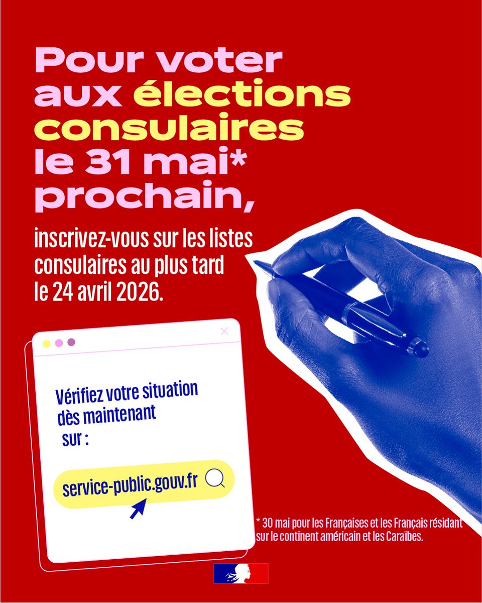 🗳 #Elections2026
✍ Vous souhaitez voter aux prochaines élections des conseillers des Français de l’étranger ? Inscrivez-vous sur les listes électorales consulaires au plus tard le 24 avril.
🌐 Retrouvez la procédure d’inscription sur : swll.to/qARq802
<a href="/francediplo/">France Diplomatie 🇫🇷🇪🇺</a>