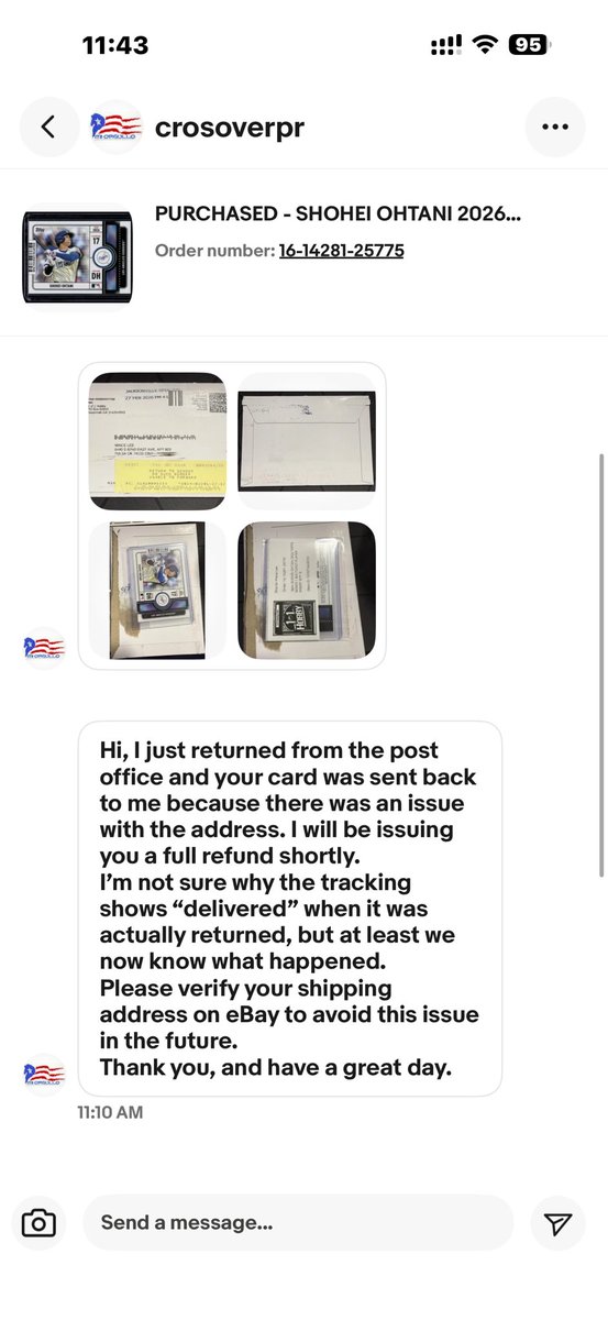 StoicObserver20's tweet photo. @CardPurchaser I already received the seller message this morning. I was shocked and my address is correct and verified, and it matches exactly with the address on my bill. It says it was delivered on March 3, but I never received it.

So worker marked unknown sender. This is wild... 🤦‍♀️ https://t.co/FVyv90AaTR