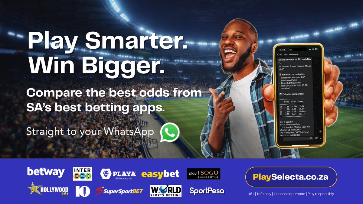 Mahlatse_Mogale's tweet photo. Big one tonight ⚽️
Orlando Pirates 🆚 Richards Bay 🏟️ Orlando Stadium | 19:30

Interesting to see how the odds differ across SA betting apps for this match.
You can quickly compare the prices across Betway, Hollywoodbets, SuperSportBet, EasyBet and https://t.co/XUlSKEsDtE
