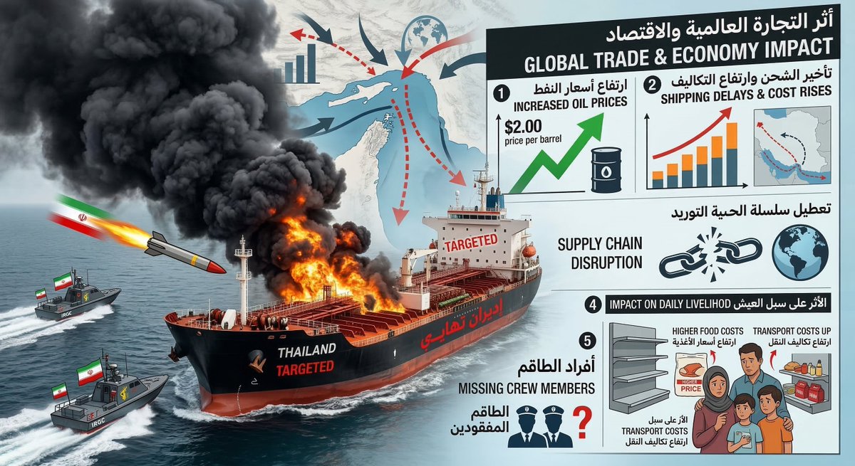 FuadAlbrahim's tweet photo. Iran’s blatant attack on the Thai cargo ship and others in the #StraitOfHormuz is a direct hit to global stability. 🚢 Tehran bears full responsibility for this escalation, which chokes supply chains and inflates the cost of living for people everywhere. 📉🌍 #GlobalEconomy #MaritimeSecurity