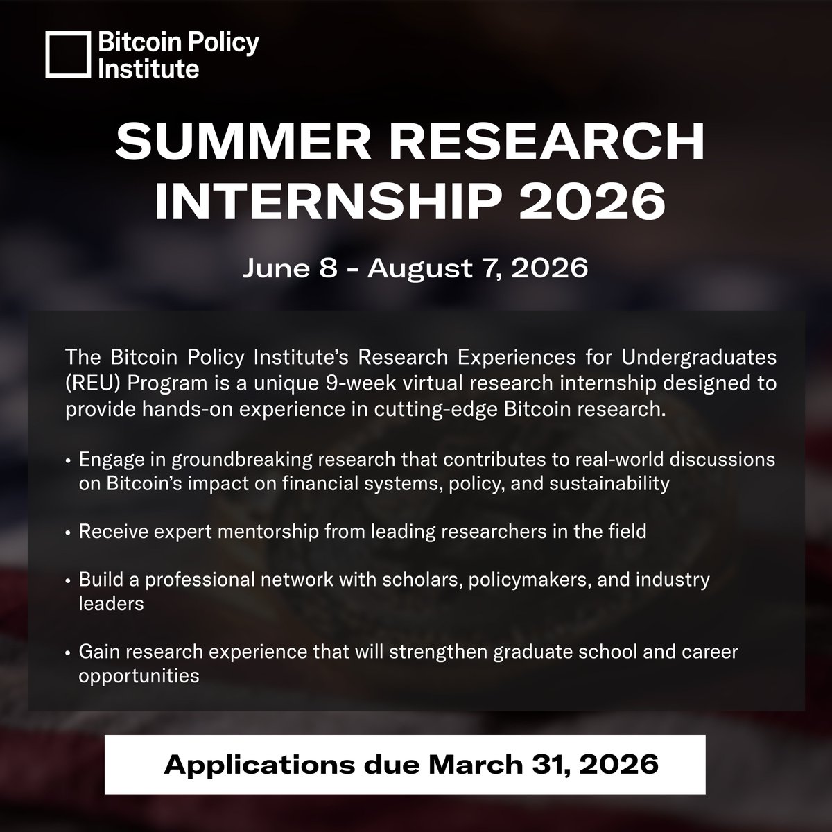 🏛️Intern with Bitcoin Policy Institute! Applications close March 31.

8 weeks of hands-on Bitcoin policy research. 

Limited spots. Don't wait.