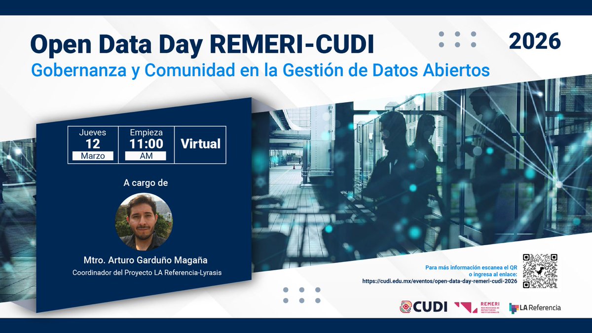 🌐 En el marco del Open Data Day 2026, te invitamos a la conferencia virtual “Gobernanza y Comunidad en la Gestión de Datos Abiertos”, impartida por el Mtro. Arturo Garduño.
📅 12 de marzo | ⏰ 11:00 h
🔎 Registro e información:
cudi.edu.mx/eventos/open-d…
#OpenDataDay #DatosAbiertos