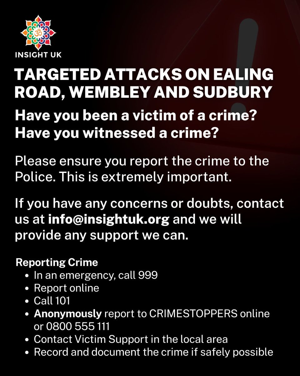 InsightNLon's tweet photo. This month has seen a sudden spike in crimes at Hindu celebrations and Indian businesses. Should you witness or be a victim please reach out to us or the authorities for support. Stay safe. #britishhindus  #Hinduphobia https://t.co/w8Tedk1GuV