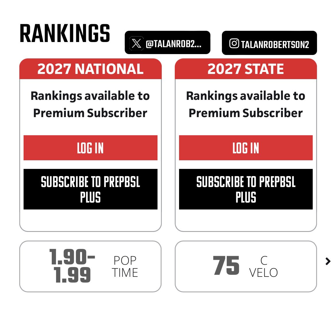 Talan Robertson 27’ Catcher &amp; OF
Washburn Rural HS Topeka, KS 🌻 
<a href="/TalanRob2122/">TalanRobertson</a> 
<a href="/PrepBaseballKS/">Prep Baseball Kansas</a> Showcase #’s
-5’11 195
•1.90-1.99 Pop Time 
•75 MPH Catcher Velocity 
•100 Exit Velo 
•27.7 Hand Speed 
•72.7 Bat Speed 

Travel Team <a href="/EngagedBaseball/">Engaged Athletics Baseball</a> 
HS Team <a href="/WARUBaseball/">WARU Baseball</a>