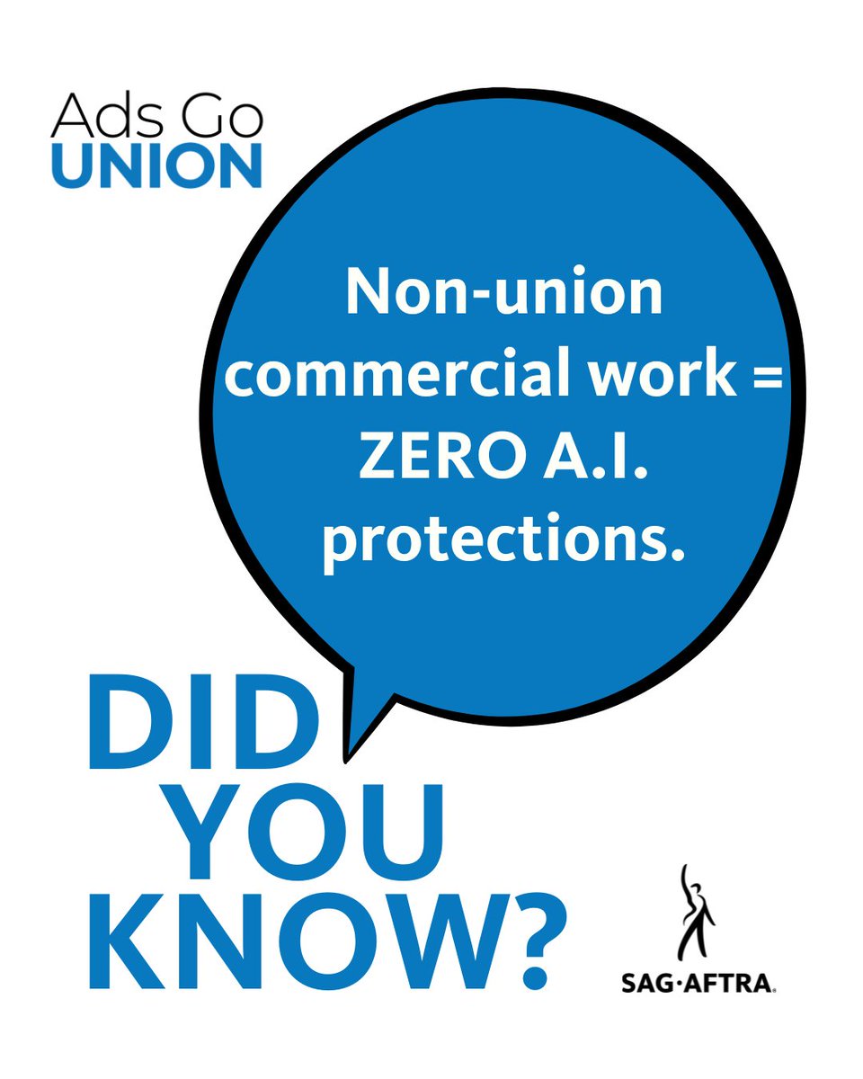 sagaftra's tweet photo. Working without A.I. protections is risky business. SAG-AFTRA’s Commercials Contract comes with world-class A.I. guardrails.
SAG-AFTRA = strong A.I. protections
#AdsGoUnion https://t.co/BFoxq7fHj5