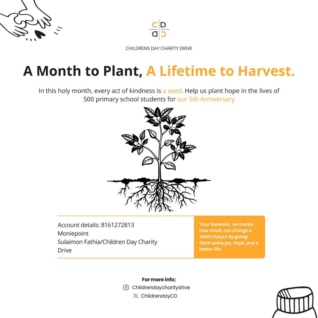 ChildrendayCD's tweet photo. A month to plant, a lifetime to harvest. 🌱

For our 5th Anniversary, we’re supporting 500 primary school students. Your kindness today becomes their success tomorrow.

Join us in planting seeds of hope this month. 🎓✨ https://t.co/HWgB22auxD