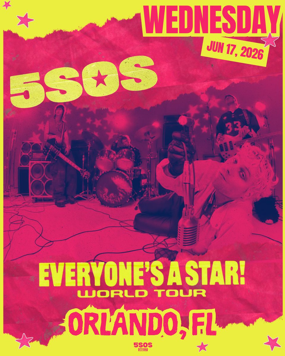 DigestEASTour's tweet photo. EVERYONE'S A STAR in ORLANDO.
Night 36.
June 17th, 2026.
🏟️: Kia Center, Orlando
👥: 20,000
⏰: 9PM (EDT)
🔗: https://t.co/gTBNI2WGuy
@TheKiaCenter x @5SOS 

#OrlandoIsAStar🎢
#EASOrlando⭐️ https://t.co/ls6mcQDtBD