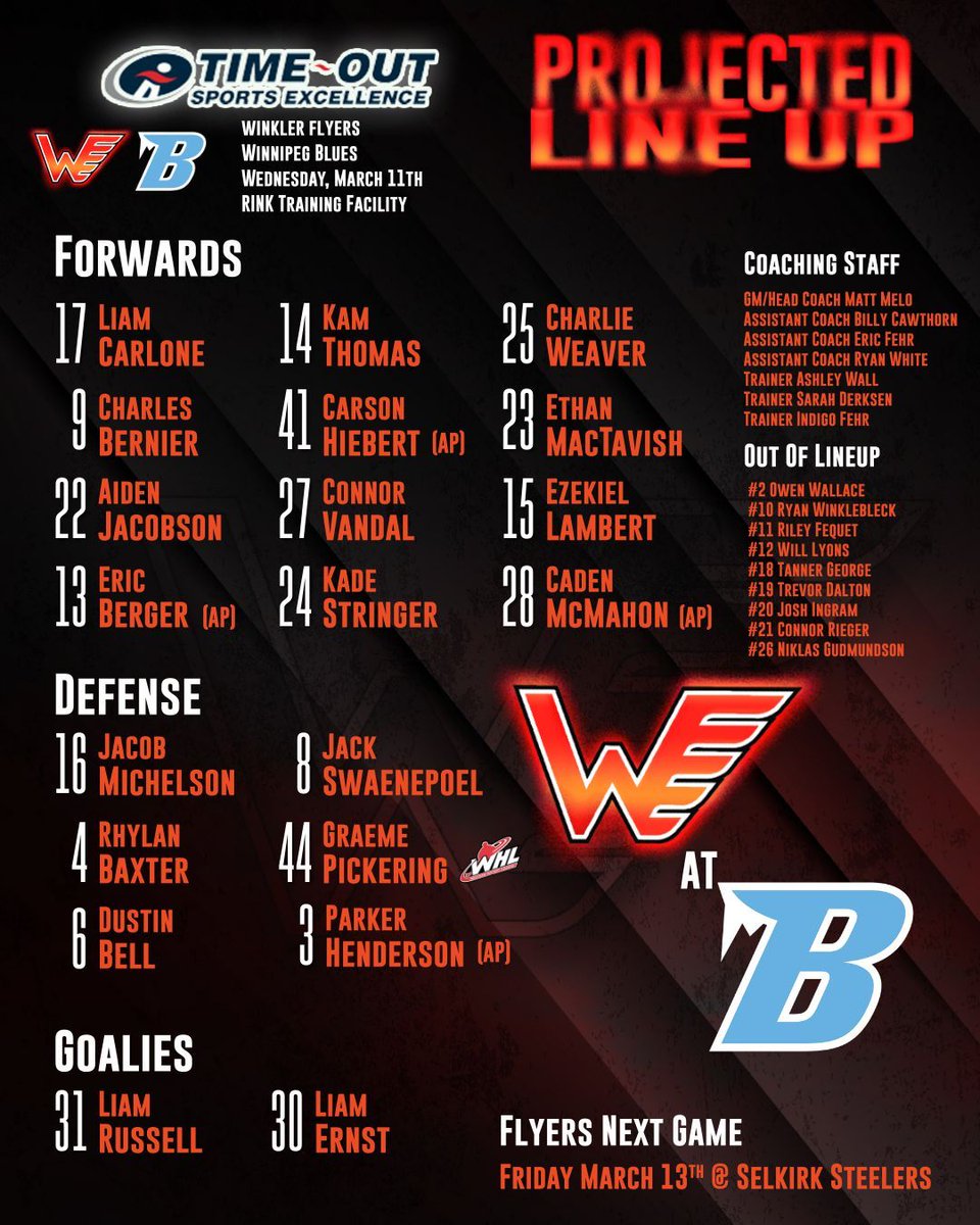 winklerflyers's tweet image. This afternoon's Time-Out Sports Excellence Projected LineUp!

#GOFLYERSGO #ORANGEANDBLACK