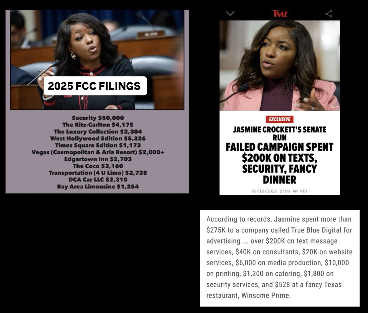 <a href="/RepJasmine/">Congresswoman Jasmine Crockett</a> Hey retard—let’s get something straight. The money you’re bitching about was spent on filet and lobster for our troops risking their lives every day for this country. If treating the men and women who defend America like kings offends you, that says everything about you.

But
