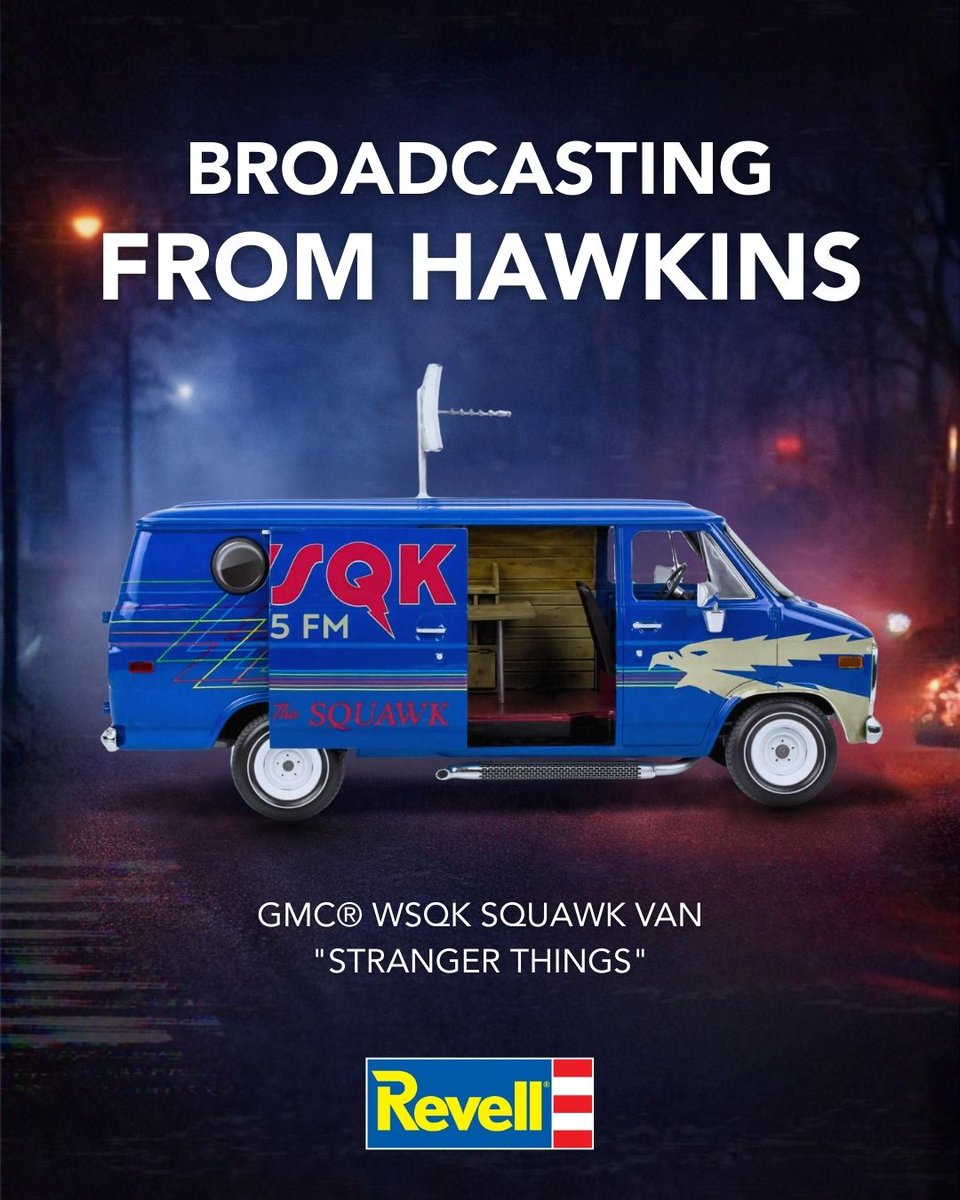 RevellUSA's tweet photo. Broadcasting from the Upside Down. ⚡📻
The WSQK Squawk Van rolls in as Hawkins’ hero on wheels, packed with retro Eighties style 🎨 and authentic details straight from Stranger Things.👾
https://t.co/GX6w5Qokos
#RevellUSA #RevellModels #ScaleModelKit #StrangerThings https://t.co/SrZw7FXWDF