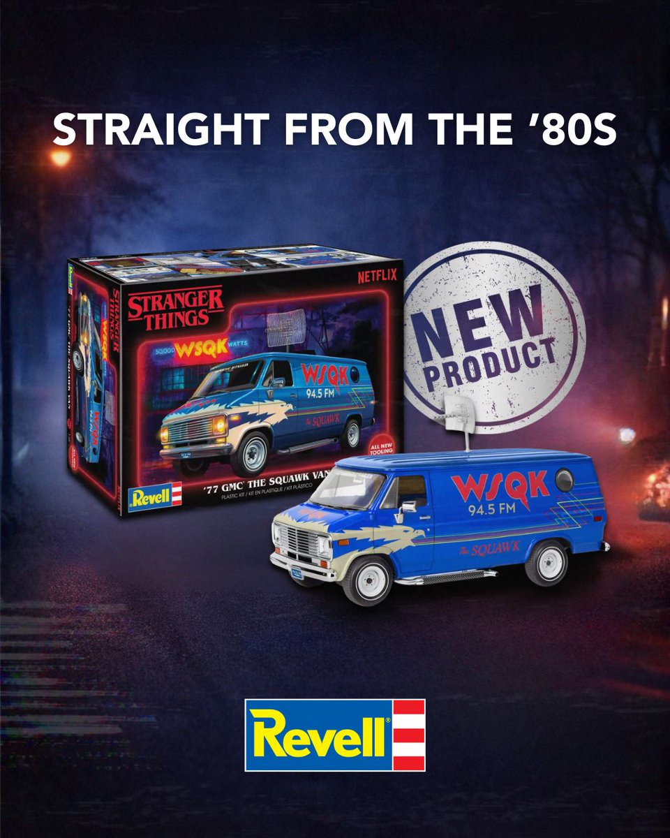 RevellUSA's tweet photo. Broadcasting from the Upside Down. ⚡📻
The WSQK Squawk Van rolls in as Hawkins’ hero on wheels, packed with retro Eighties style 🎨 and authentic details straight from Stranger Things.👾
https://t.co/GX6w5Qokos
#RevellUSA #RevellModels #ScaleModelKit #StrangerThings https://t.co/SrZw7FXWDF