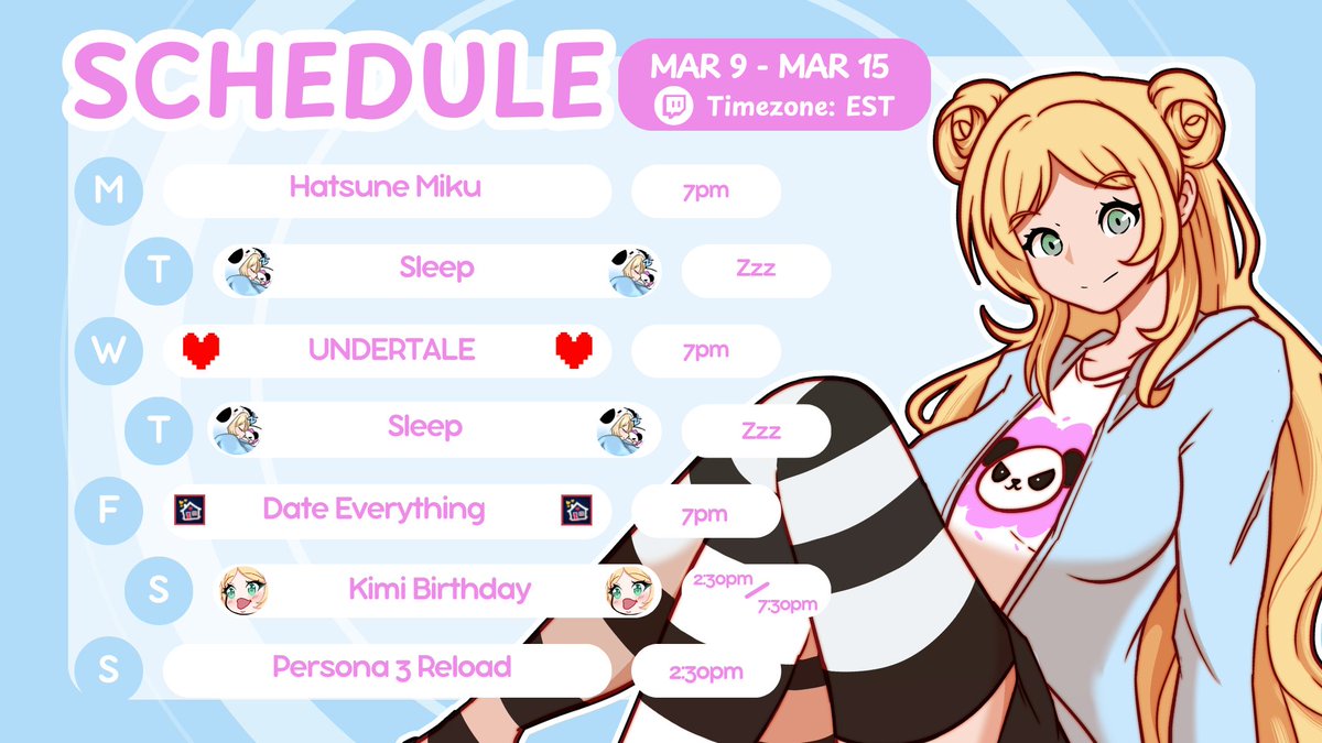 DaAwkwardLauren's tweet photo. ✨Stream Schedule ✨
- UNDERTALE TONIGHT!! (might start a little later but I'll let you guys know!)
- Date Everything Friday! WE'RE ALMOST DONE!!
- KIMI BIRTHDAY SATURDAY!!! Super Battle Golf &amp; Peak!
- Persona 3 Reload w/Rachel!! https://t.co/dvYBnfp5wX
