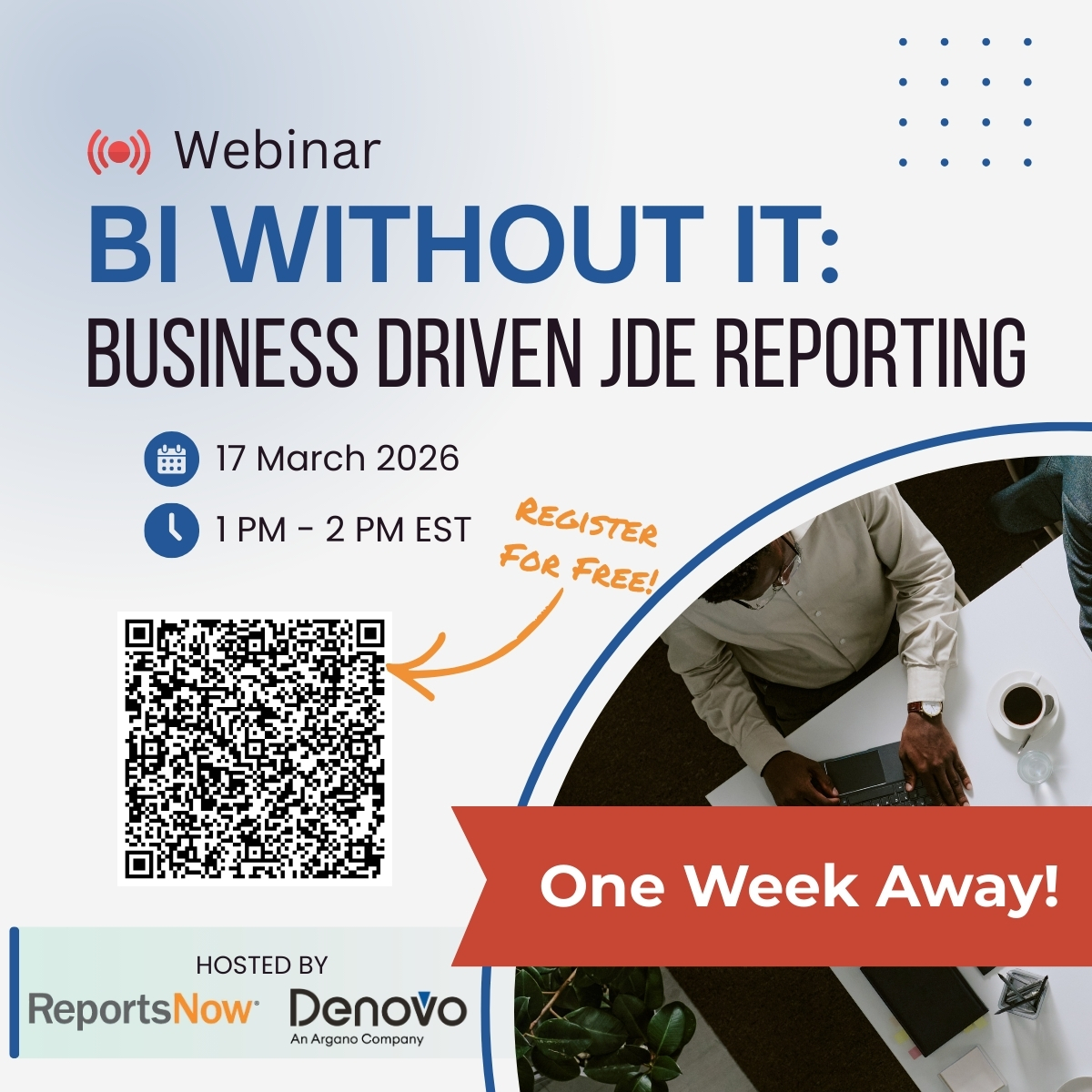 ⏳ 1 week away!

Join Denovo + ReportsNow on March 19 to see how JD Edwards teams are enabling real-time, self-service reporting: without IT dependency.

👉 Register now: hubs.ly/Q046cF3Z0

#JDEdwards #OracleCommunity #Webinar
