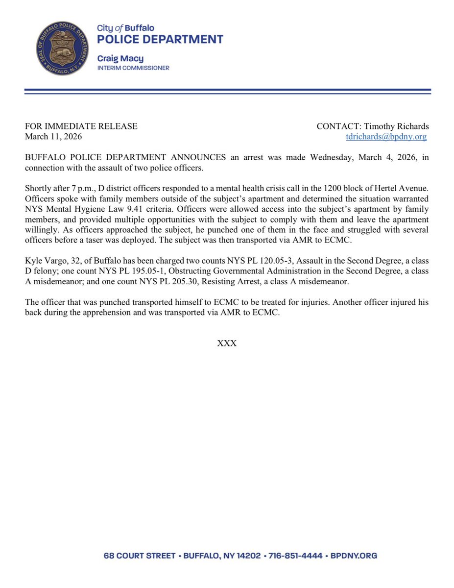 BuffaloNYPolice's tweet photo. BUFFALO POLICE DEPARTMENT ANNOUNCES an arrest was made Wednesday, March 4, 2026, in connection with the assault of two police officers. https://t.co/nQ5KHZdDRX