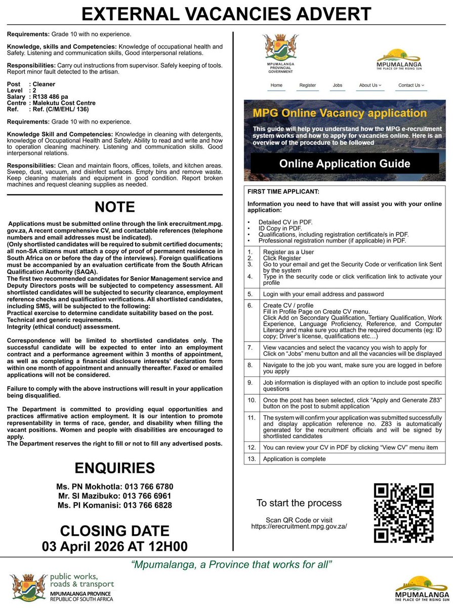 MpumalangaGov's tweet photo. The Department of Public Works, Roads and Transport is looking suitably qualified individuals to fill these vacant posts.

⏳️ The closing date for applications is 03 April 2026 at  and applications are ONLINE ONLY.

☎️ Enquiries about the vacant posts must be directed to the officials stated as contact persons in the advert, while online application system enquiries must be emailed to erecruitmentbpa@mpg.gov.za.

⚠️ Please read the given application instructions and follow them as directed before clicking the submit/apply button!

🔗 Complete listing of posts (PDF version): https://t.co/Q99qpN3umU

💻️ APPLY HERE: https://t.co/V5HVAwJM17

#MpumalangaAProvinceThatWorksForAll #JobOpportunities #EmploymentOpportunities #PublicServiceCareers