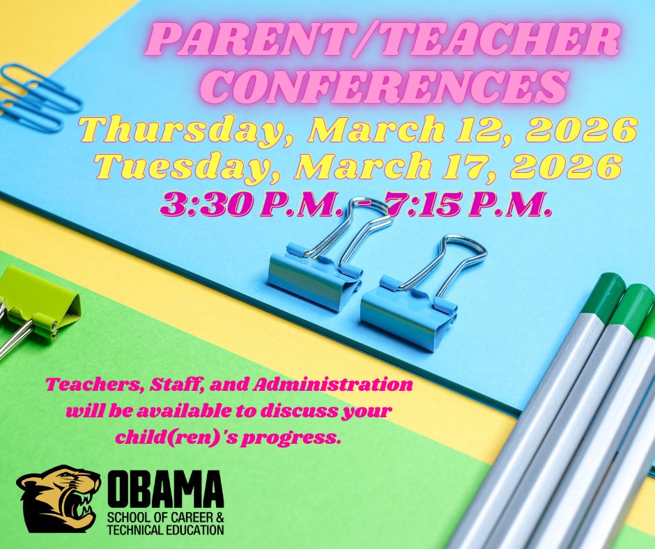 ObamaScte's tweet photo. Join us for Parent/Teacher Conferences Thursday, March 12th and Tuesday, March 17th 3:30 pm - 7:15 pm. https://t.co/MveUbhfLt5