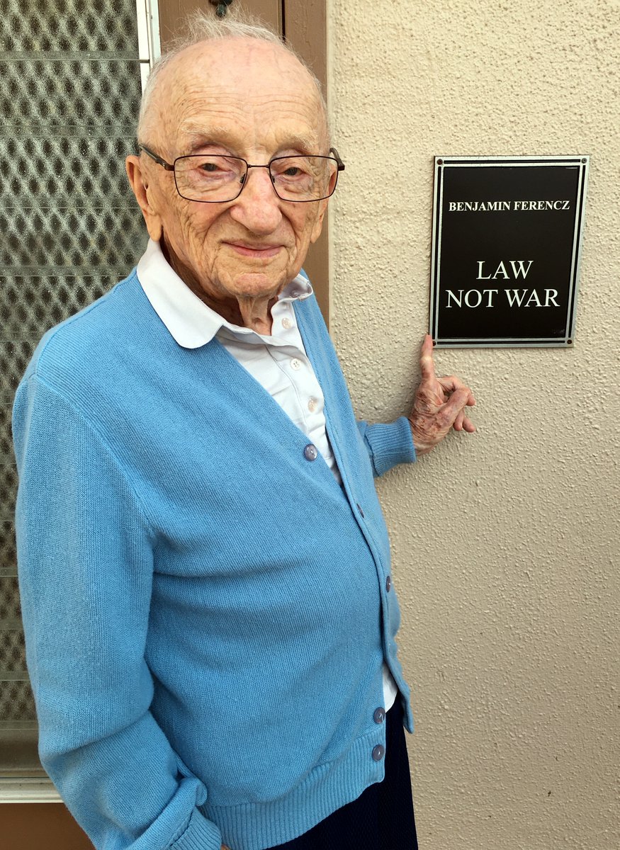 JohnQBarrett's tweet photo. Remembering Nuremberg prosecutor and world law architect Benjamin B. Ferencz, who was born on this date in 1920.  Hearing his voice deploring every aggressive war https://t.co/Bn5I0iqYnC