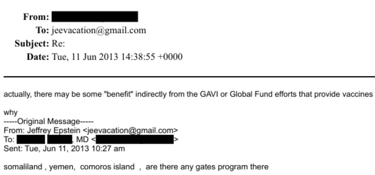 Mir war das Impfbusiness von Epstein und Gates früher egal. Bis ich Versuchskaninchen werden sollte. Zitate: 

Tatsächlich mag es indirekte „Nutzen” von GAVI oder Globalfonds für Impfstoffe geben. - Gibt es Gates-Programme in Somalia, Jemen, Komoren? 

Link: