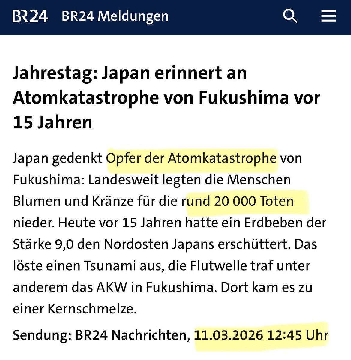Unbildung &amp; / oder Angstpropaganda beim ÖRR: 
• der Reaktorunfall von Fukushima kostete 1 Todesopfer, das als Arbeitsunfall infolge Strahleneinwirkung anerkannt wurde.
• 18.000 Opfer kostete das Erdbeben mit Tsunami vom 11.03. 2011, das auch den Reaktorunfall auslöste. ➡️