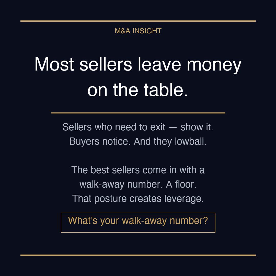 idea617's tweet photo. The best sellers I've worked with all had one thing in common.

They were willing to walk away.

That posture  a real number, a real floor creates leverage even when you don't technically have any.

Don't go to market without it. https://t.co/mMq7MOISzR