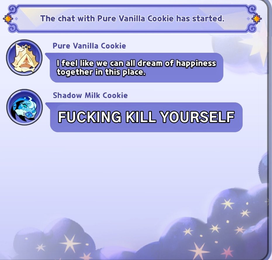StringBeanMann's tweet photo. This is my prediction on how a group chat between Shadow Milk and Pure Vanilla would look like
#cookierunkingdom #crk https://t.co/jSOG7BozYw