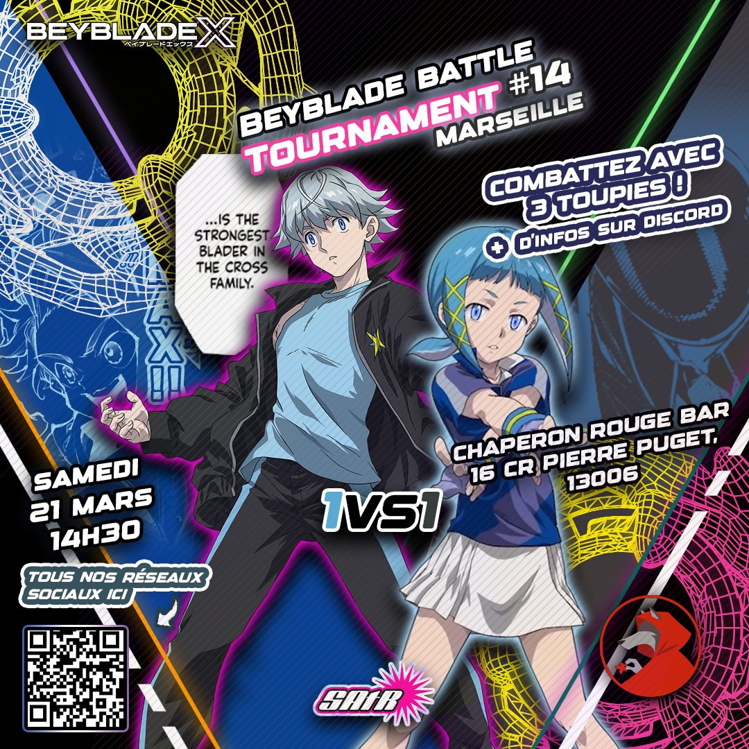 Fin de saison également à Marseille, c'est l'occasion de bousculer le classement à la dernière minute avec le Beyblade Battle Tournament Marseille 14 🏆❌

Rendez-vous ce samedi 21 mars, 14h30, au Chaperon Rouge Bar.