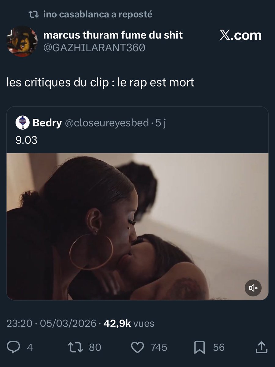<a href="/chactimel/">🩰.°꩜˚</a> c sur son twitter y’avait un bail prcq le clip a bedry est grv fetichisant et ya des gens qui lui ont fait remarqué et ino caca a rt un tweet qui dit que les gens qui se plaignent ils connaissent rien au rap en gros
