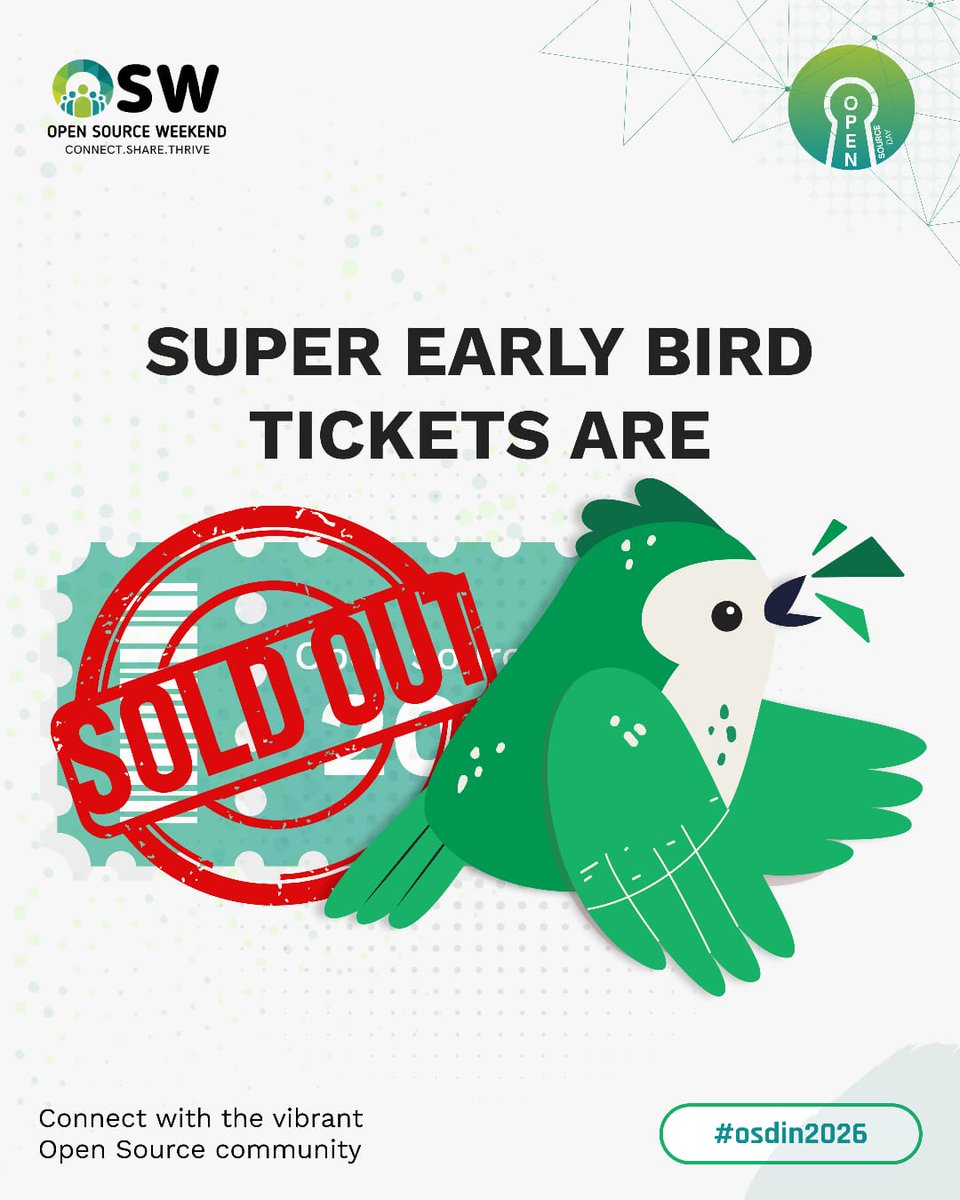 OSWeekend's tweet photo. That was fast! Super Early Bird tickets are SOLD OUT.
The community energy for #OSD26 is on another level,
Date: April 4, 2026 Venue: TBA, Gandhinagar
Register now:
https://t.co/KrI9l9daXc
#OSD2026 #OpenSourceDay
#OpenSourceCommunity https://t.co/d6G7BZJyg4
