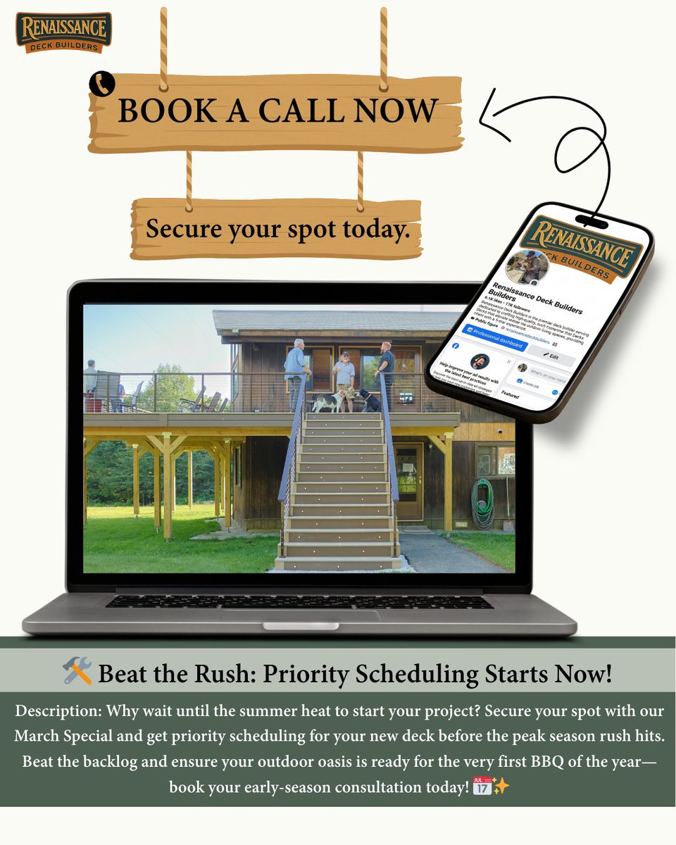 rendecks's tweet image. March Special 🌿
Early bookings = priority scheduling before peak season. Plan now, enjoy sooner. 🪵

FOR INQUIRIES:
Email us at:
michelangelo@renaissancedecks.com
Call us at: 413-328-1880

#MarchSpecial #DeckPlanning #DeckSeason #OutdoorLiving #RenaissanceDeckBuilders
