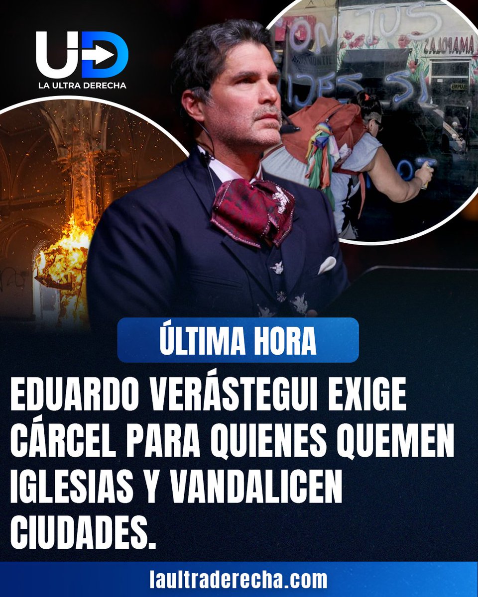 🇲🇽|🚨#ÚLTIMAHORA El productor católico, <a href="/EVerastegui/">Eduardo Verástegui</a>, condenó los ataques contra templos y aseguró que quienes vandalicen Iglesias y Ciudades deberían enfrentar la cárcel.

“Si estuviera en mis manos, toda persona que queme una iglesia o vandalice una ciudad iría a la cárcel”.