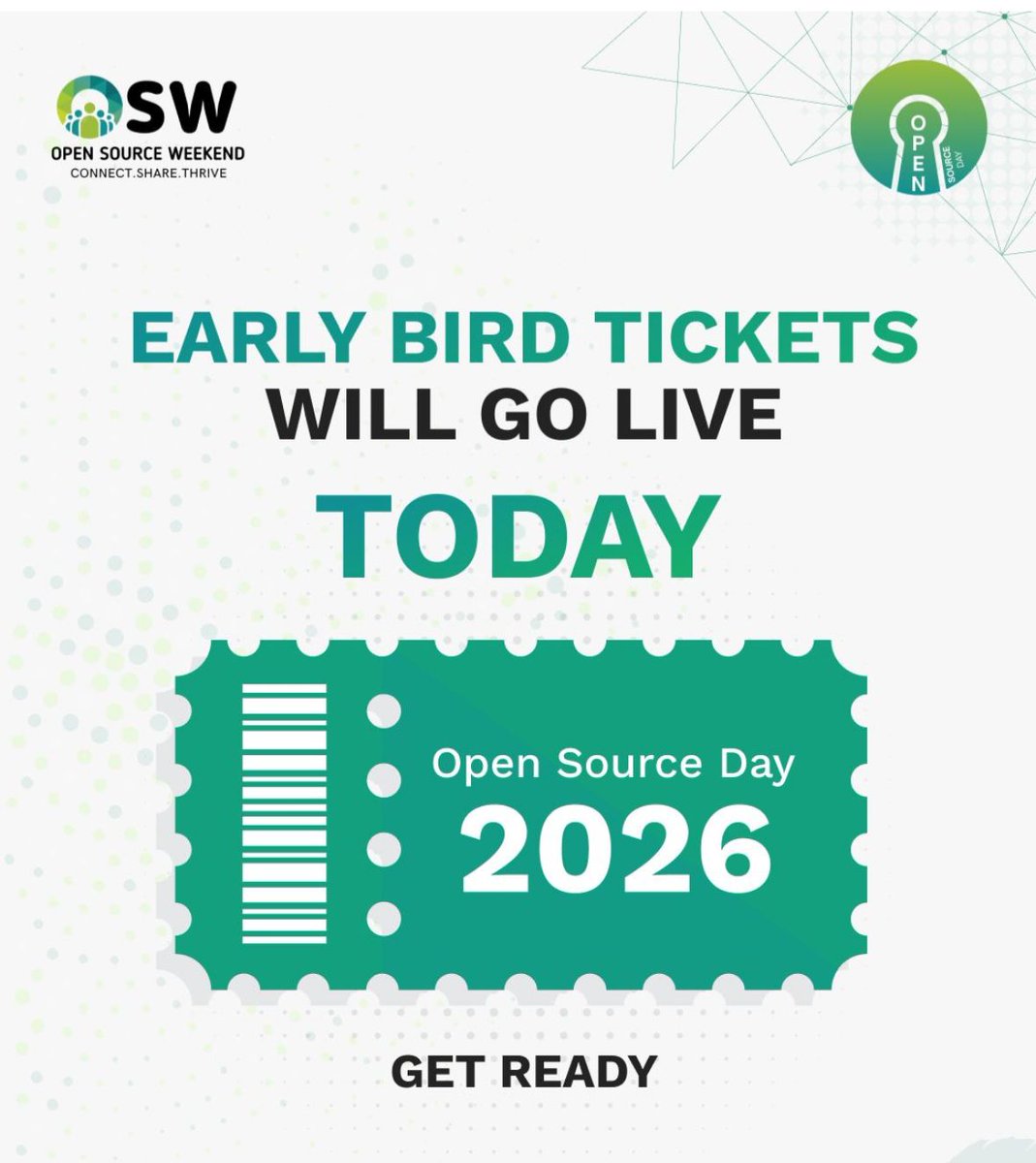 OSWeekend's tweet photo. The clock is ticking! EARLY BIRD TICKETS GO LIVE TODAY. Get ready to grab vour spot at #OSD26 for the best price possible.
7 Date: April 4, 2026 T Venue: Gandhinagar
CTA: https://t.co/KrI9l9daXc
#OpenSourceCommunitvDav #OpenSourceDay https://t.co/kyYJoLQOGM