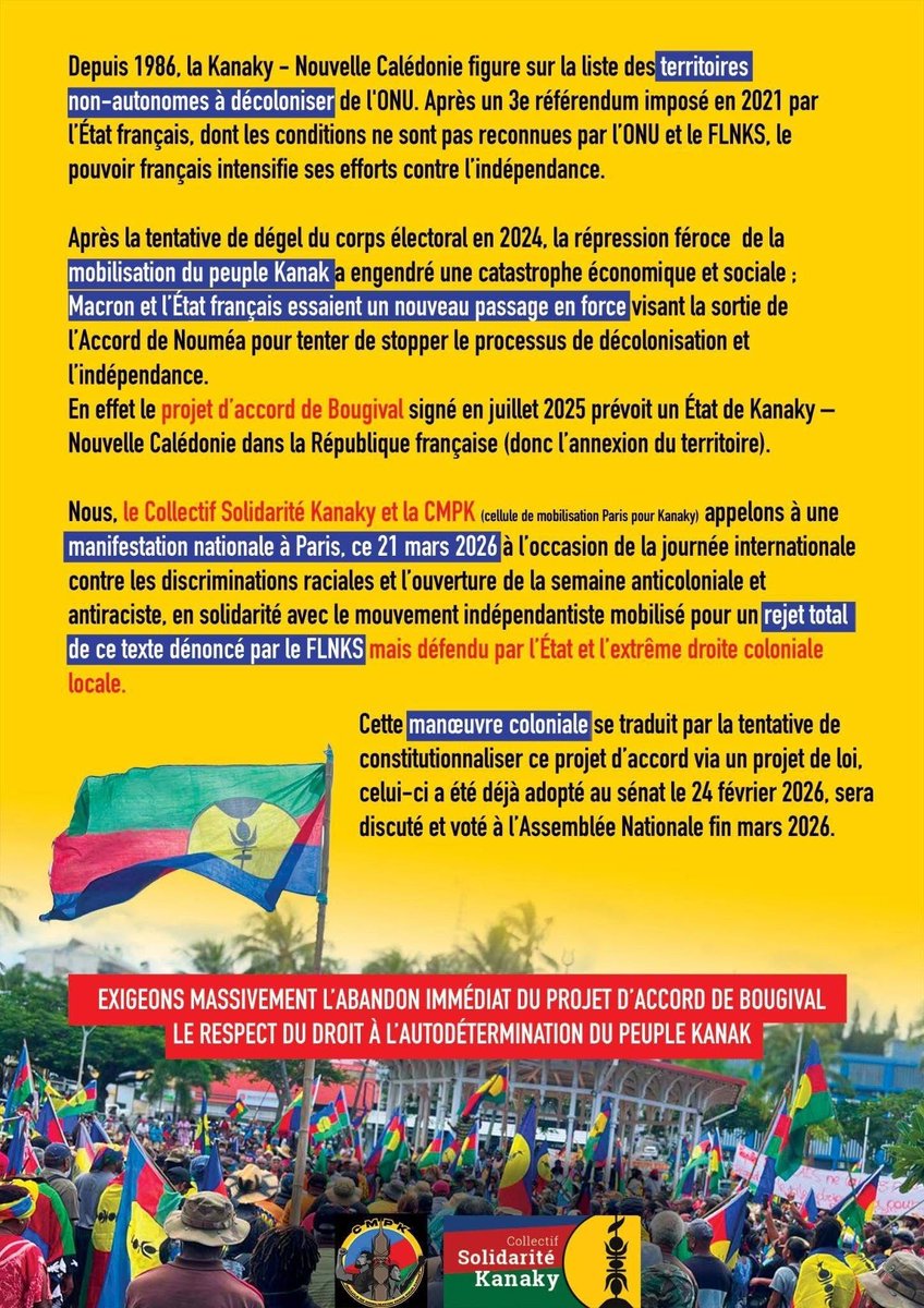NON À L'ANNEXION !

INDÉPENDANCE POUR #KANAKY ! 🇳🇨

MANIFESTATION SAMEDI 21 MARS | 14H00

Vive la lutte du peuple kanak pour sa liberté et son autodétermination !
