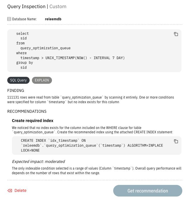 agabekovroman's tweet photo. We shipped optimization for custom SQL queries.

Developers can paste any SQL query and get recommendations before it goes to production.

Releem automatically checks the query execution plan, schema, and database metrics to provide suggestions. https://t.co/d08fGtGjD6