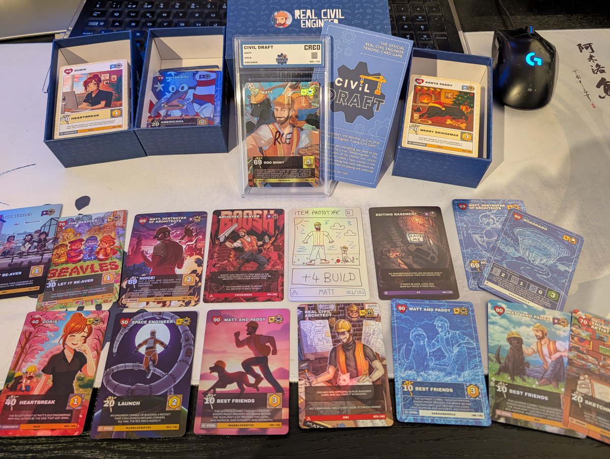 RaphaelBrunner's tweet photo. @RCE_Official I love the card designs, they look fantastic!

The "Matt, Destroyer of Architects" card is such a cool design and I cracked up seeing the "Editing Basement" card with its "save me" screen.

You can really feel the love and creativity in all the details. Great work! https://t.co/VuAWhsbGAq