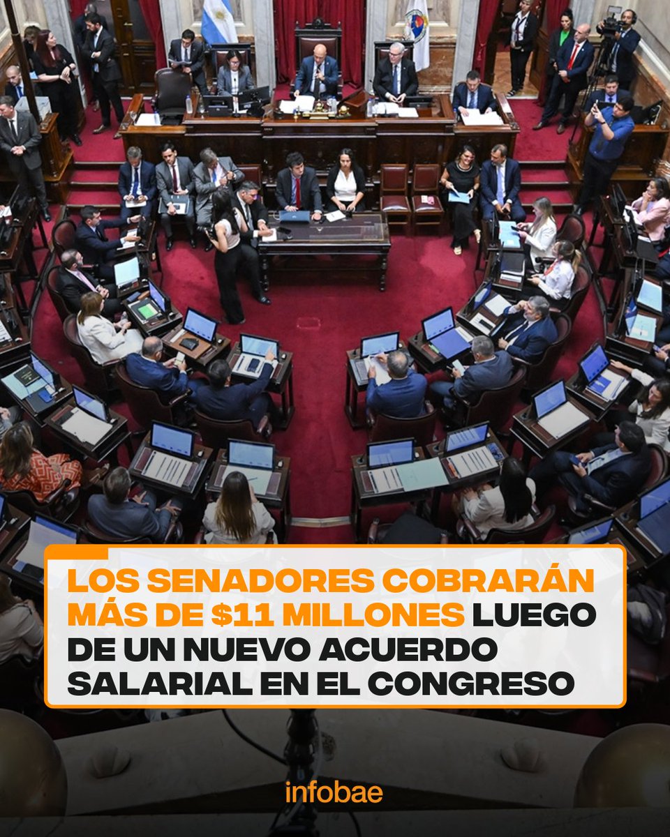 infobae's tweet photo. Los senadores cobrarán más de $11 millones luego de un nuevo acuerdo salarial en el Congreso https://t.co/7ll9SLvk5N https://t.co/jwK7hPyLZf
