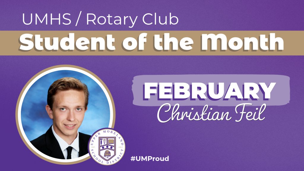 UpperMorelandSD's tweet photo. 🌟 Congrats to February UMHS Rotary Student of the Month, Christian! A top student, NHS member &amp; National Merit Semifinalist, he’s also a multi-sport athlete and Temple MatsikaLab intern. He’ll attend Johns Hopkins to study Chemical &amp; Biomolecular Engineering. 💜🐻 #UMProud https://t.co/BQbL3CfGPR