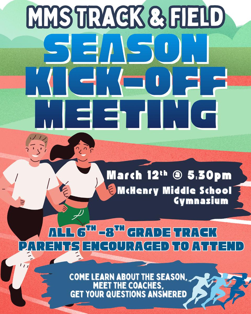 MMSTrojans's tweet photo. Reminder: Track &amp; Field parent meeting is TOMORROW, March 12 at 5:30 PM in the MMS gym. Meet coaches and get season details before track starts March 16! 🏃‍♀️🏃‍♂️ #MMSTrack https://t.co/6kV6mXfvAT