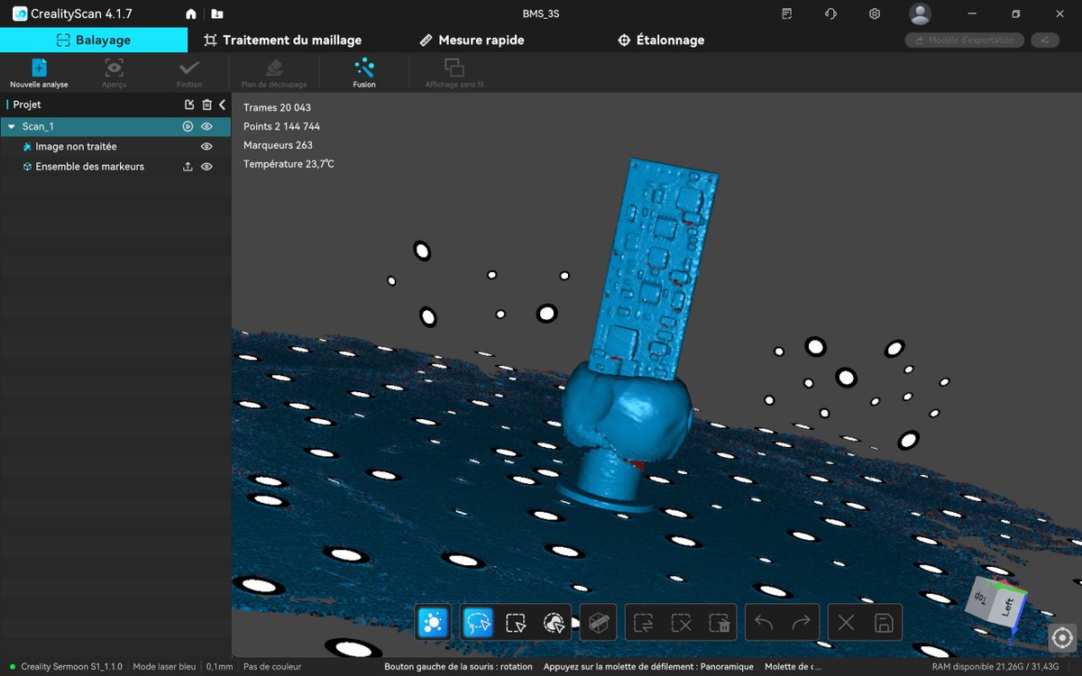 framboise314's tweet image. Test du @Creality3dP Scanner #SermoonS1 sur une carte BMS-3S : relief des composants bien visible, maillage exploitable et mesure rapide à 57,16 mm pour la longueur. Pratique pour contrôler une petite carte électronique sans sortir le pied à coulisse 😄 #Scan3D #Creality