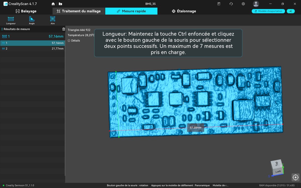 framboise314's tweet image. Test du @Creality3dP Scanner #SermoonS1 sur une carte BMS-3S : relief des composants bien visible, maillage exploitable et mesure rapide à 57,16 mm pour la longueur. Pratique pour contrôler une petite carte électronique sans sortir le pied à coulisse 😄 #Scan3D #Creality
