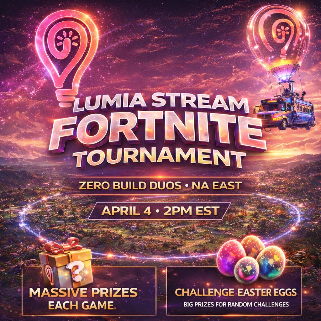 👏IT'S OFFICIAL !!

Lumia Stream &amp;  ƬΣΛM ӨP are teaming up to host our first ever Fortnite Tournament! 

📷Streamers Fortnite Tournament

✅ Zero Build / NA East / Duo's 
✅BIG Prizes For 1st 2nd 3rd  (EACH GAME!) 
✅Easter Egg random challenges  (More BIG Prize's !)